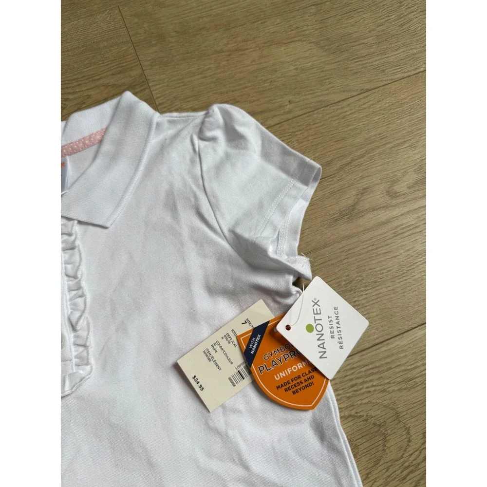 NWT Girls Kid Gymboree playproof uniforms nanotex short sleeve polo white size 7
